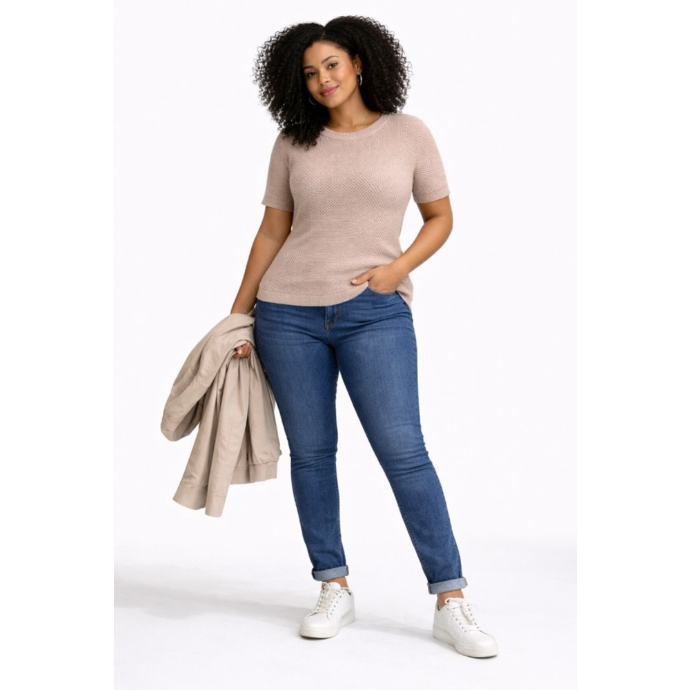 Textured Knit Short Sleeve Sweater Top – Neutral Blush/Taupe – Easy Everyday Lay